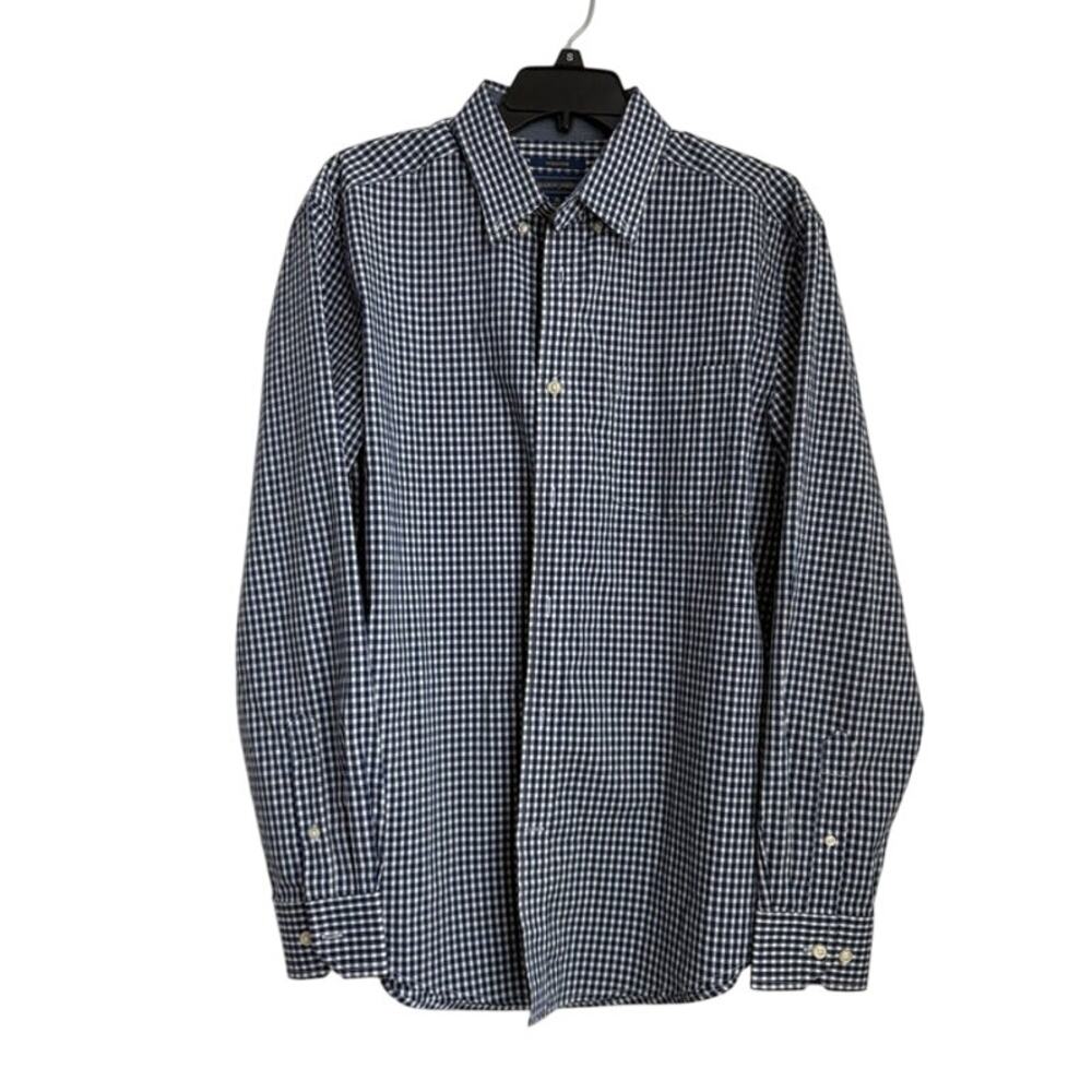 Mason James Mens Navy Blue Checkered Stretch Dress Shirt Size Medium